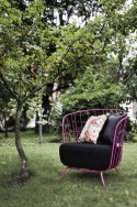 Salon de jardin MAJ, canapé 2 places, fauteuil, table basse et petite table haute, acier de couleur et tissu outdoor